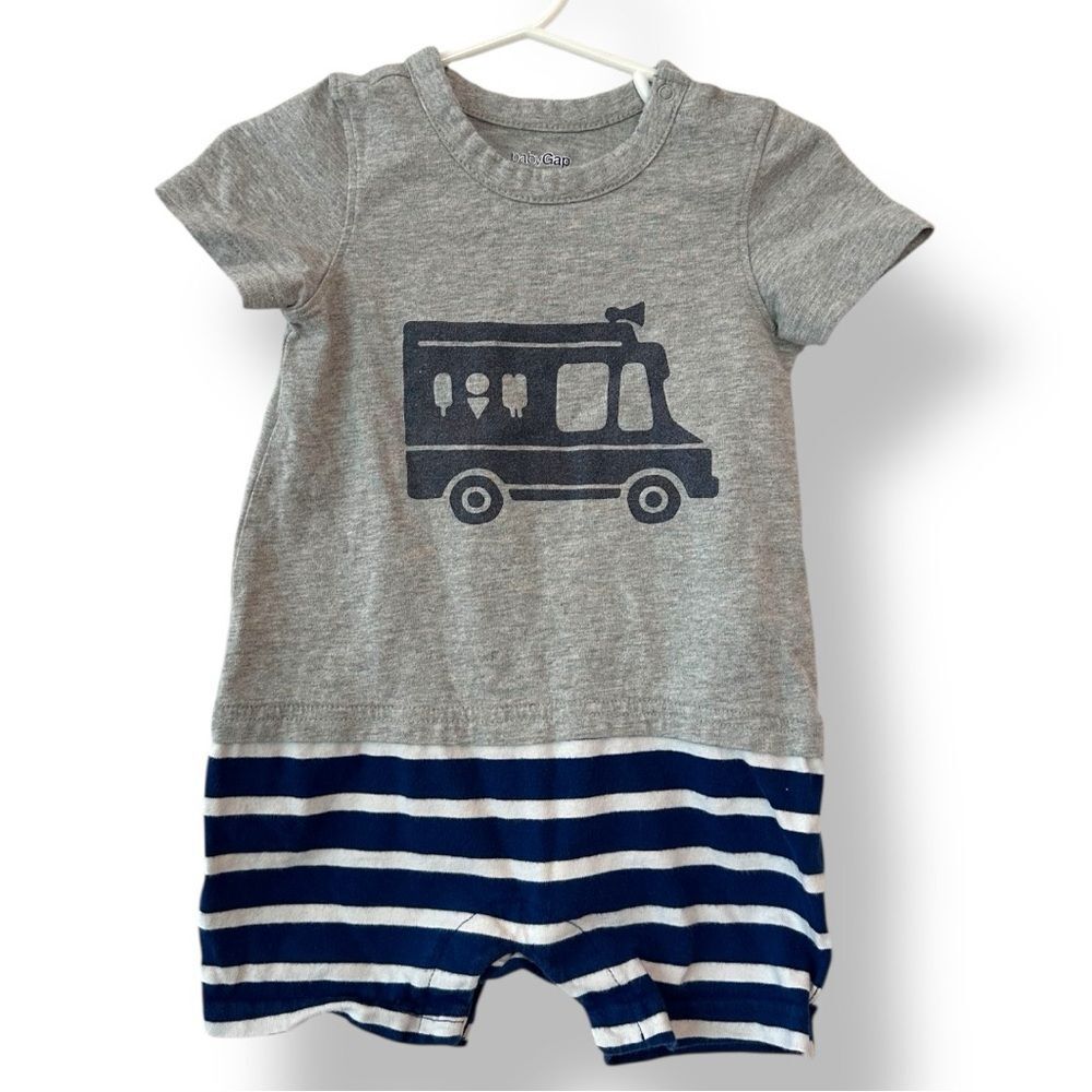Baby GAP I Scream for Ice Cream Truck Gray Blue Shorty Romper 12-18 M Stripes